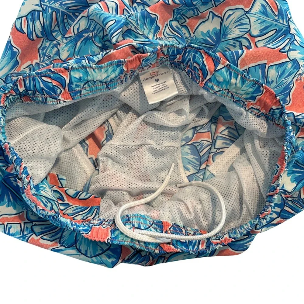 Vineyard Vines‎ Mens Tropical Hibiscus Swim Trunks Blue Coral Pink Medium